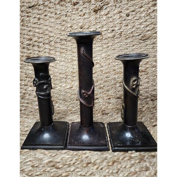 3 Vintage Traditional Italian Cast Iron Bronze Grapevine Candlestick Holders - Picture 7 of 12